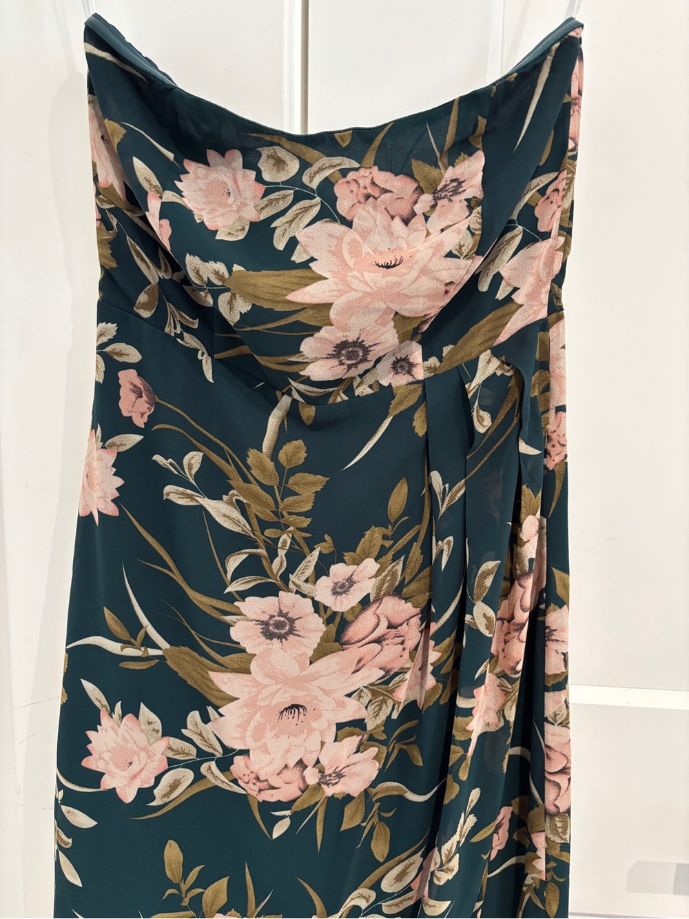 Green and Blush Floral Strapless Sweetheart Tulip Midi Dress. Size L - Picture 5 of 12